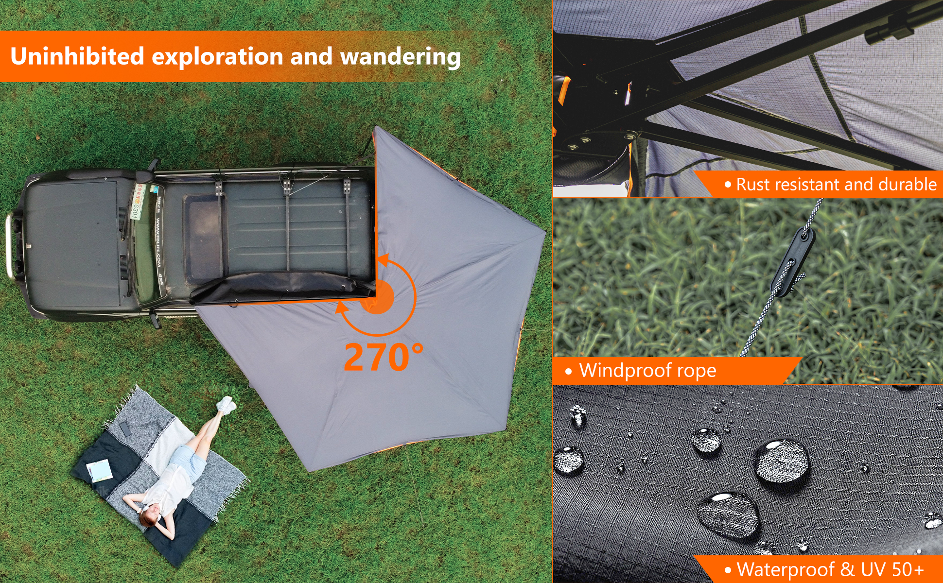 Trustmade Boneless 270° Car Side Awning Rooftop Pull Out Tent Shelter